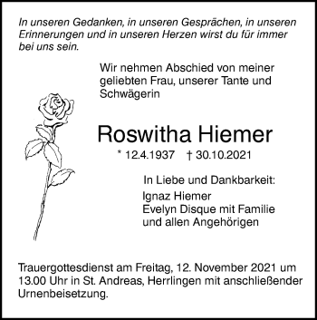 Traueranzeige von Roswitha Hiemer von SÜDWEST PRESSE Ausgabe Ulm/Neu-Ulm