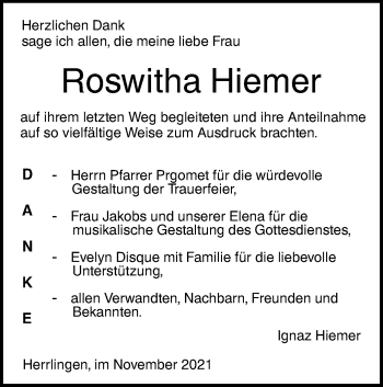 Traueranzeige von Roswitha Hiemer von SÜDWEST PRESSE Ausgabe Ulm/Neu-Ulm