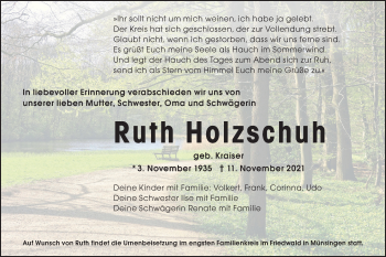 Traueranzeige von Ruth Holzschuh von Alb-Bote/Metzinger-Uracher Volksblatt