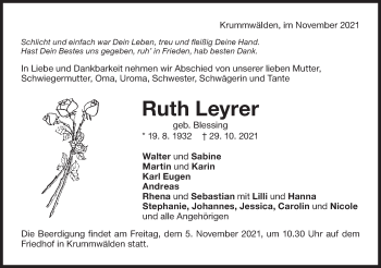 Traueranzeige von Ruth Leyrer von NWZ Neue Württembergische Zeitung