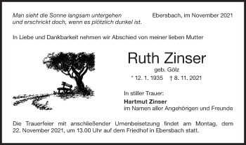 Traueranzeige von Ruth Zinser von NWZ Neue Württembergische Zeitung