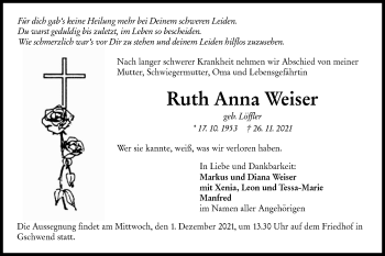 Traueranzeige von Ruth Anna Weiser von Rundschau Gaildorf