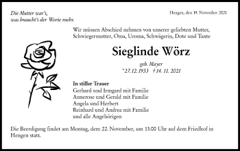 Traueranzeige von Sieglinde Wörz von Metzinger-Uracher Volksblatt