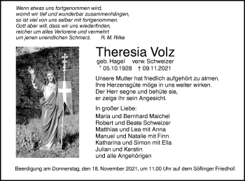 Traueranzeige von Theresia Volz von SÜDWEST PRESSE Ausgabe Ulm/Neu-Ulm