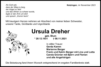 Traueranzeige von Ursula Dreher von Hohenloher Tagblatt