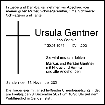 Traueranzeige von Ursula Gentner von SÜDWEST PRESSE Ausgabe Ulm/Neu-Ulm