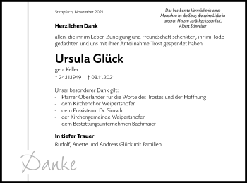 Traueranzeige von Ursula Glück von Hohenloher Tagblatt