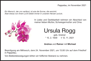 Traueranzeige von Ursula Rogg von SÜDWEST PRESSE Ausgabe Ulm/Neu-Ulm