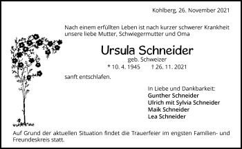 Traueranzeige von Ursula Schneider von Metzinger-Uracher Volksblatt