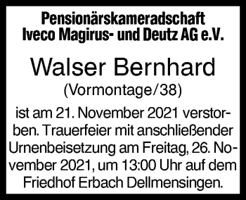 Traueranzeige von Walser Bernhard von SÜDWEST PRESSE Ausgabe Ulm/Neu-Ulm