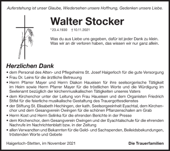 Traueranzeige von Walter Stocker von Metzinger-Uracher Volksblatt