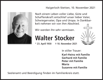 Traueranzeige von Walter Stocker von Metzinger-Uracher Volksblatt