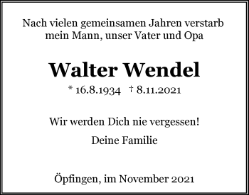 Traueranzeige von Walter Wendel von Ehinger Tagblatt