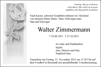 Traueranzeige von Walter Zimmermann von SÜDWEST PRESSE Ausgabe Ulm/Neu-Ulm