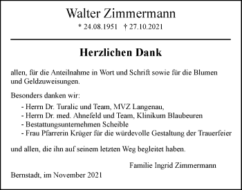 Traueranzeige von Walter Zimmermann von SÜDWEST PRESSE Ausgabe Ulm/Neu-Ulm