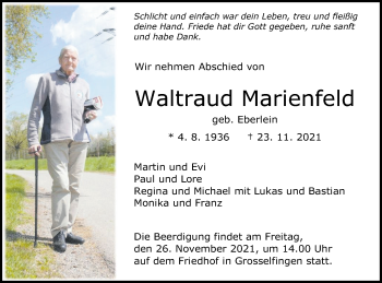 Traueranzeige von Waltraud Marienfeld von Metzinger-Uracher Volksblatt