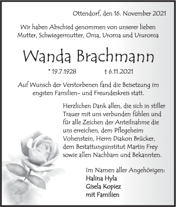 Traueranzeige von Wanda Brachmann von Rundschau Gaildorf