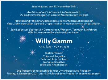 Traueranzeige von Willy Gamm von NWZ Neue Württembergische Zeitung