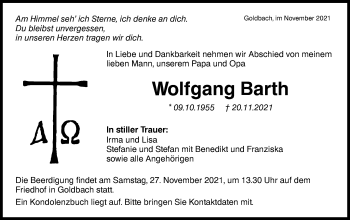 Traueranzeige von Wolfgang Barth von Hohenloher Tagblatt