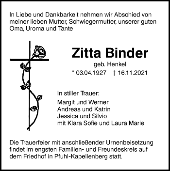 Traueranzeige von Zitta Binder von SÜDWEST PRESSE Ausgabe Ulm/Neu-Ulm