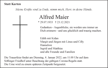 Traueranzeige von Alfred Maier von SÜDWEST PRESSE Ausgabe Ulm/Neu-Ulm