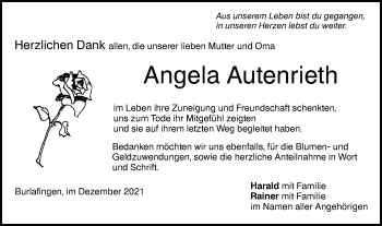 Traueranzeige von Angela Autenrieth von SÜDWEST PRESSE Ausgabe Ulm/Neu-Ulm