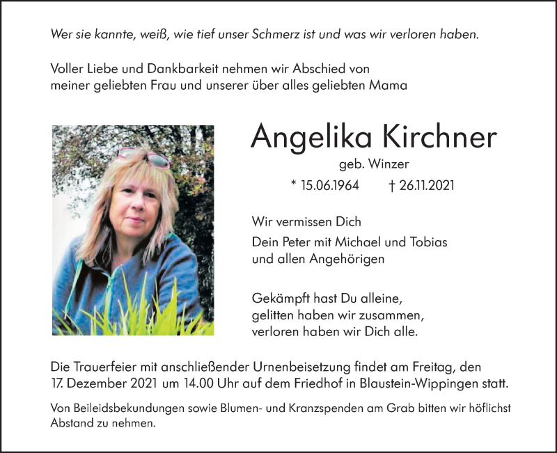  Traueranzeige für Angelika Kirchner vom 11.12.2021 aus SÜDWEST PRESSE Ausgabe Ulm/Neu-Ulm