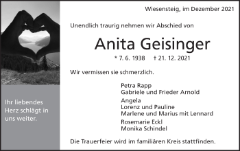 Traueranzeige von Anita Geisinger von Geislinger Zeitung