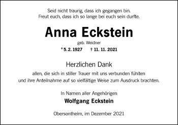 Traueranzeige von Anna Eckstein von Haller Tagblatt