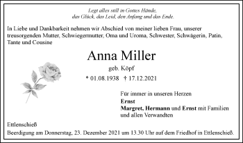 Traueranzeige von Anna Miller von SÜDWEST PRESSE Ausgabe Ulm/Neu-Ulm