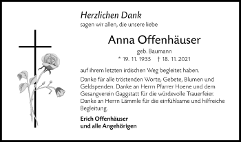 Traueranzeige von Anna Offenhäuser von Hohenloher Tagblatt