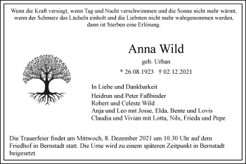 Traueranzeige von Anna Wild von SÜDWEST PRESSE Ausgabe Ulm/Neu-Ulm