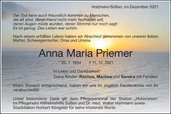 Traueranzeige von Anna Maria Priemer von NWZ Neue Württembergische Zeitung