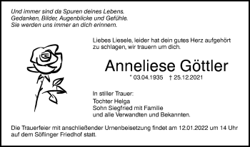 Traueranzeige von Anneliese Göttler von SÜDWEST PRESSE Ausgabe Ulm/Neu-Ulm