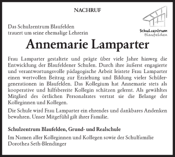 Traueranzeige von Annemarie Lamparter von Hohenloher Tagblatt