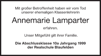 Traueranzeige von Annemarie Lamparter von Hohenloher Tagblatt