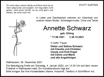 Traueranzeige von Annette Schwarz von Hohenloher Tagblatt