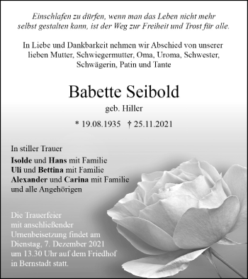 Traueranzeige von Babette Seibold von SÜDWEST PRESSE Ausgabe Ulm/Neu-Ulm