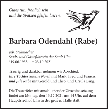 Traueranzeige von Barbara Odendahl von SÜDWEST PRESSE Ausgabe Ulm/Neu-Ulm