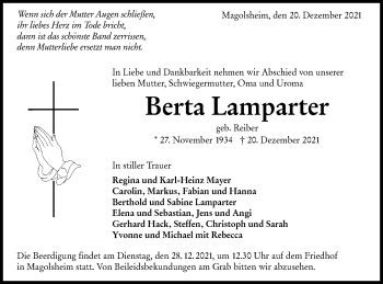 Traueranzeige von Berta Lamparter von Alb-Bote/Metzinger-Uracher Volksblatt