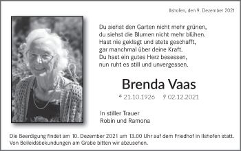 Traueranzeige von Brenda Vaas von Haller Tagblatt