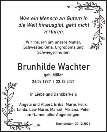 Traueranzeige von Brunhilde Wachter von SÜDWEST PRESSE Ausgabe Ulm/Neu-Ulm