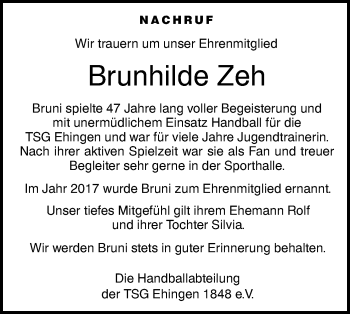 Traueranzeige von Brunhilde Zeh von Ehinger Tagblatt