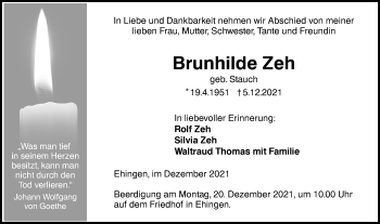 Traueranzeige von Brunhilde Zeh von Ehinger Tagblatt