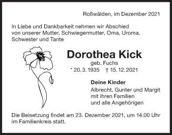 Traueranzeige von Dorothea Kick von NWZ Neue Württembergische Zeitung