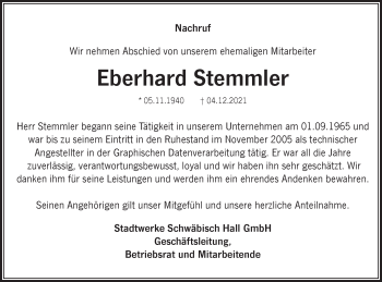 Traueranzeige von Eberhard Stemmler von Haller Tagblatt