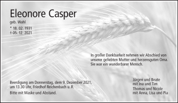 Traueranzeige von Eleonore Casper von NWZ Neue Württembergische Zeitung/Geislinger Zeitung