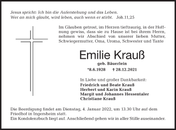 Traueranzeige von Emilie Krauß von Hohenloher Tagblatt