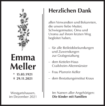 Traueranzeige von Emma Meller von Hohenloher Tagblatt