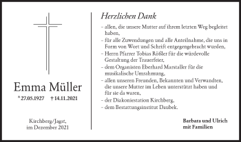 Traueranzeige von Emma Müller von Hohenloher Tagblatt